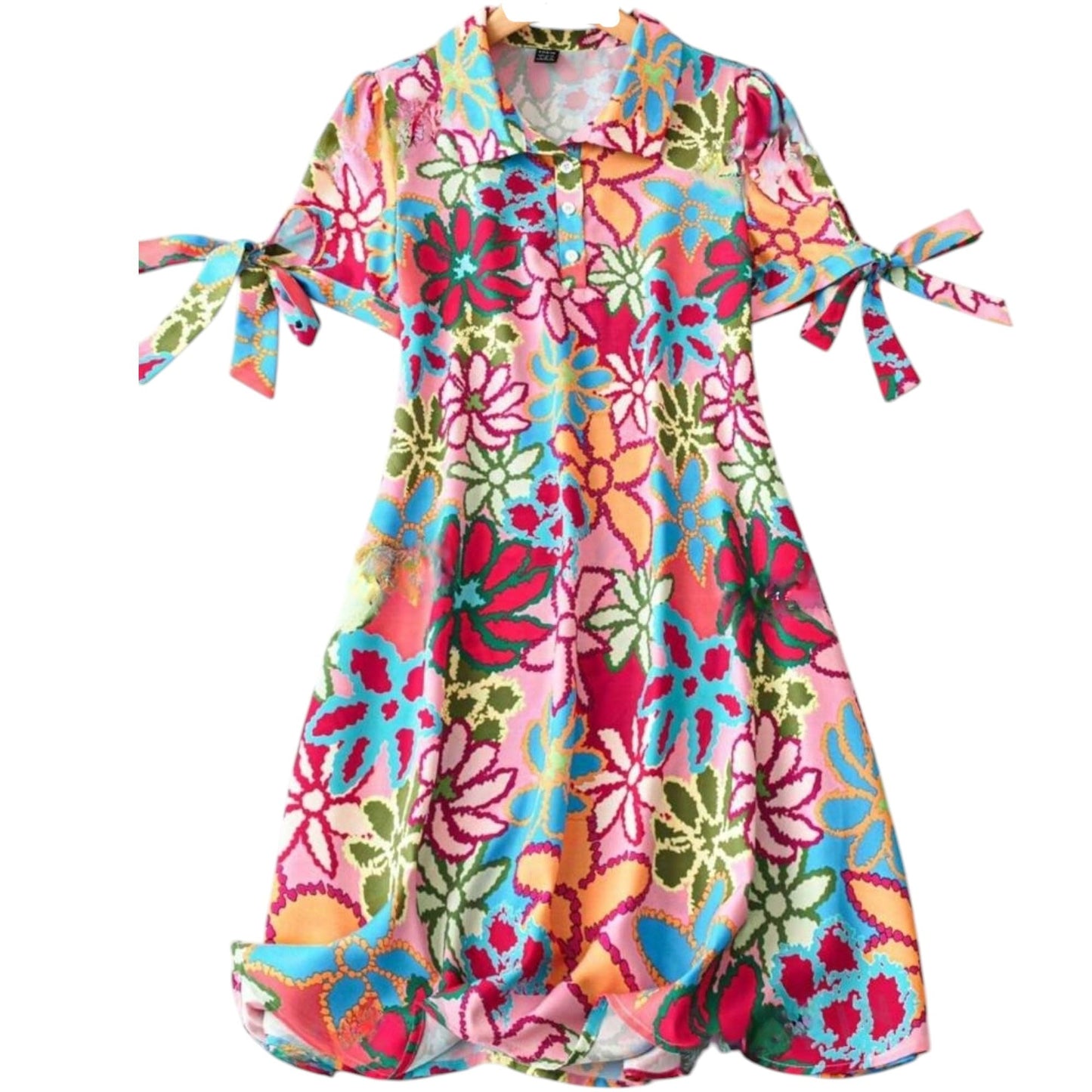 Gufrina Dresses For Women | Short Sleeve |All Over Floral Print| Collar-Neck And Regular Sleeves |Front Open Button & High Waist
