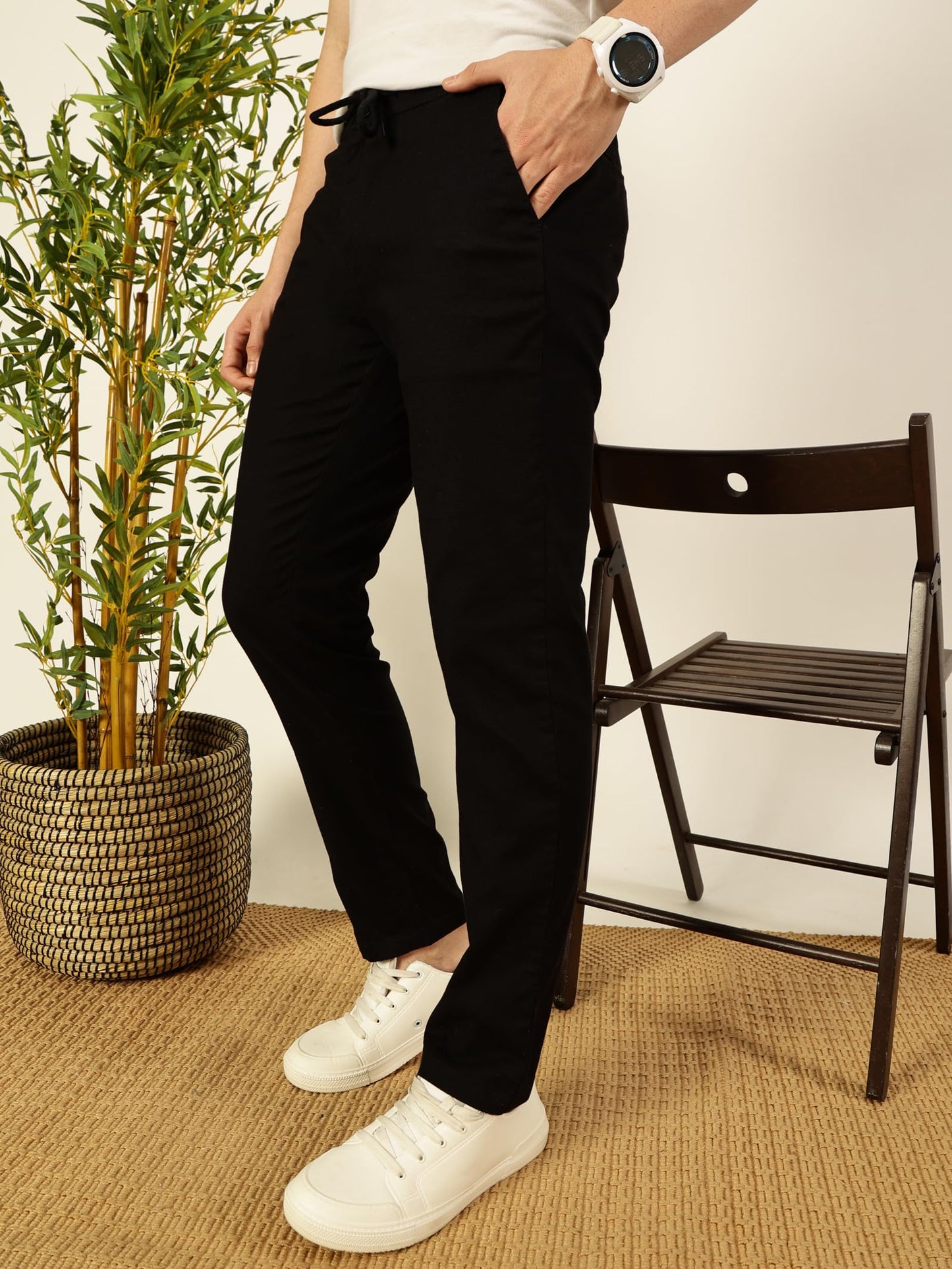 Thomas Scott Mens | Comfort | Slim Fit | Mid-Rise | Drawstring Closure | Solid | 4 Pockets | Woven | Chinos | Trouser (CCBT07_B