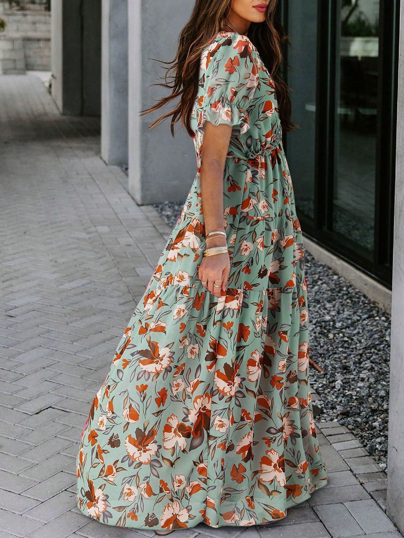 Shasmi Womens Casual Green Floral Printed Ruched V Neck Short Flutter Sleeve Lapel Tie Waist Split Long One Pic Western Party D
