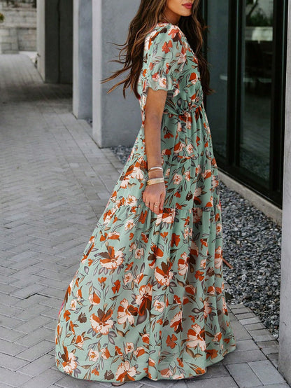 Shasmi Womens Casual Green Floral Printed Ruched V Neck Short Flutter Sleeve Lapel Tie Waist Split Long One Pic Western Party D