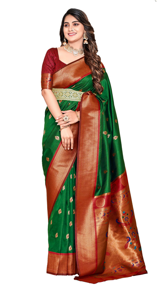Pujia Mills WomenS Banarasi Golden Zari Woven Saree For Wedding South Indian Ethnic Wear Saree Peshwai Woven Zari Pure Paithani