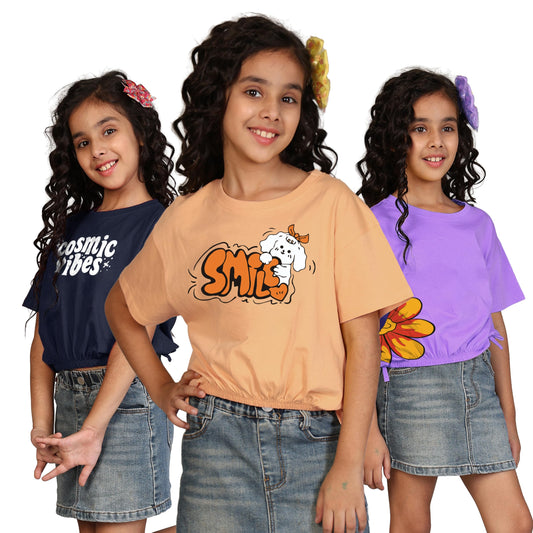 Kyda Kids 100% Cotton Crop Top For Girls - Printed Short Sleeve Stylish Tshirt, Regular Fit Tops For Girl - Pack Of 3