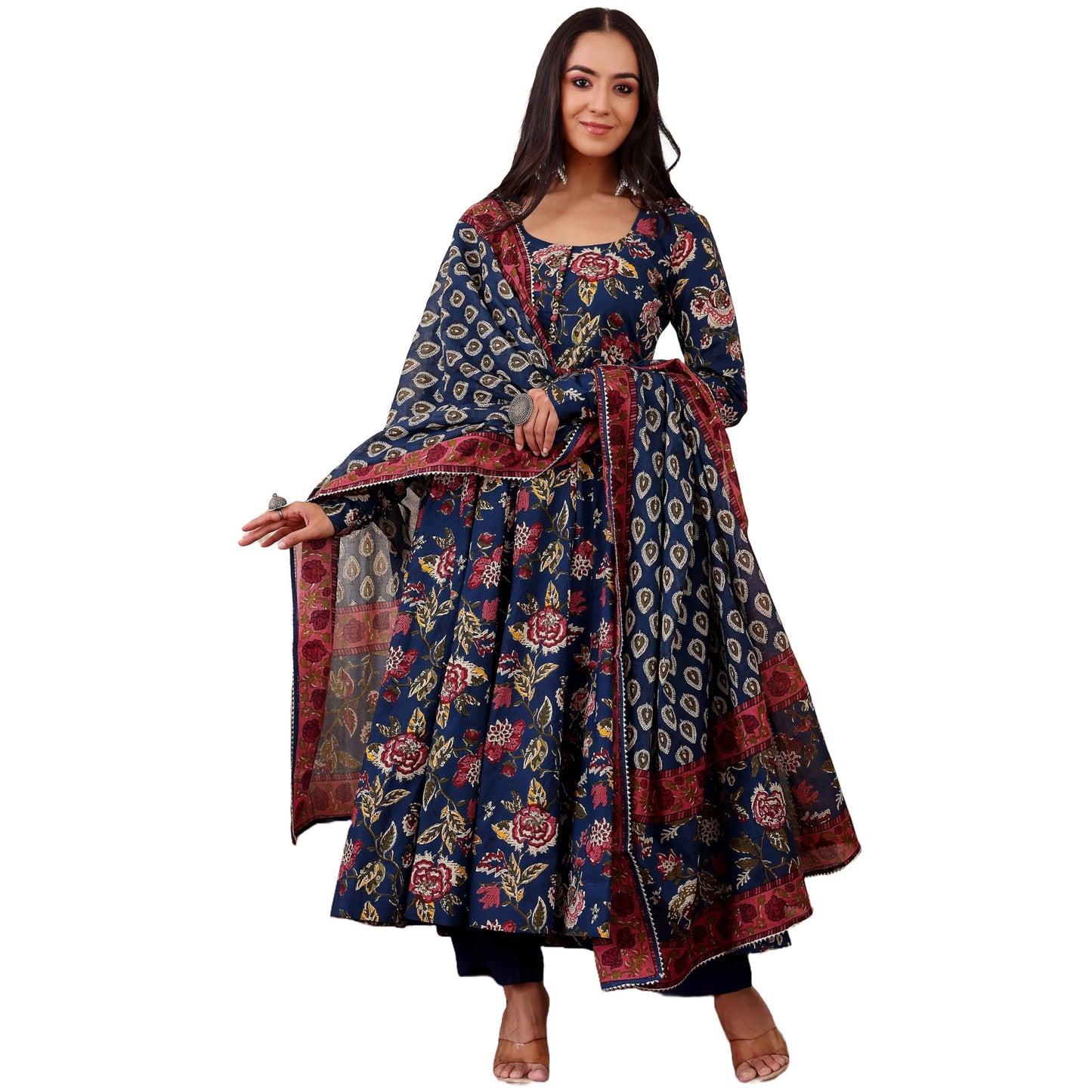 ANNI DESIGNER Women s Printed Rayon Blend Kurta with Pants and Dupatta, Blue, L