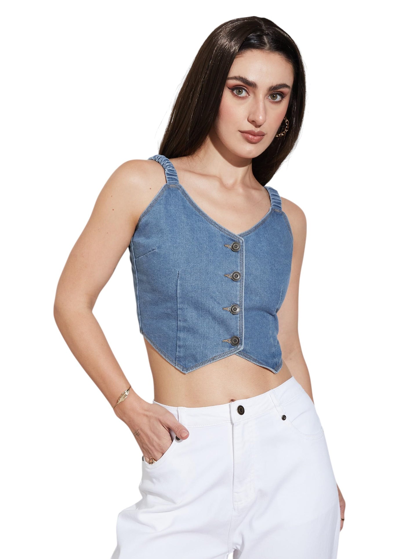 Miss Chase Womens V Neck Straps Sleeve -Styled Cropped Denim Top,(MCSS25DEN74-41-303-05, Mid Blue, L)