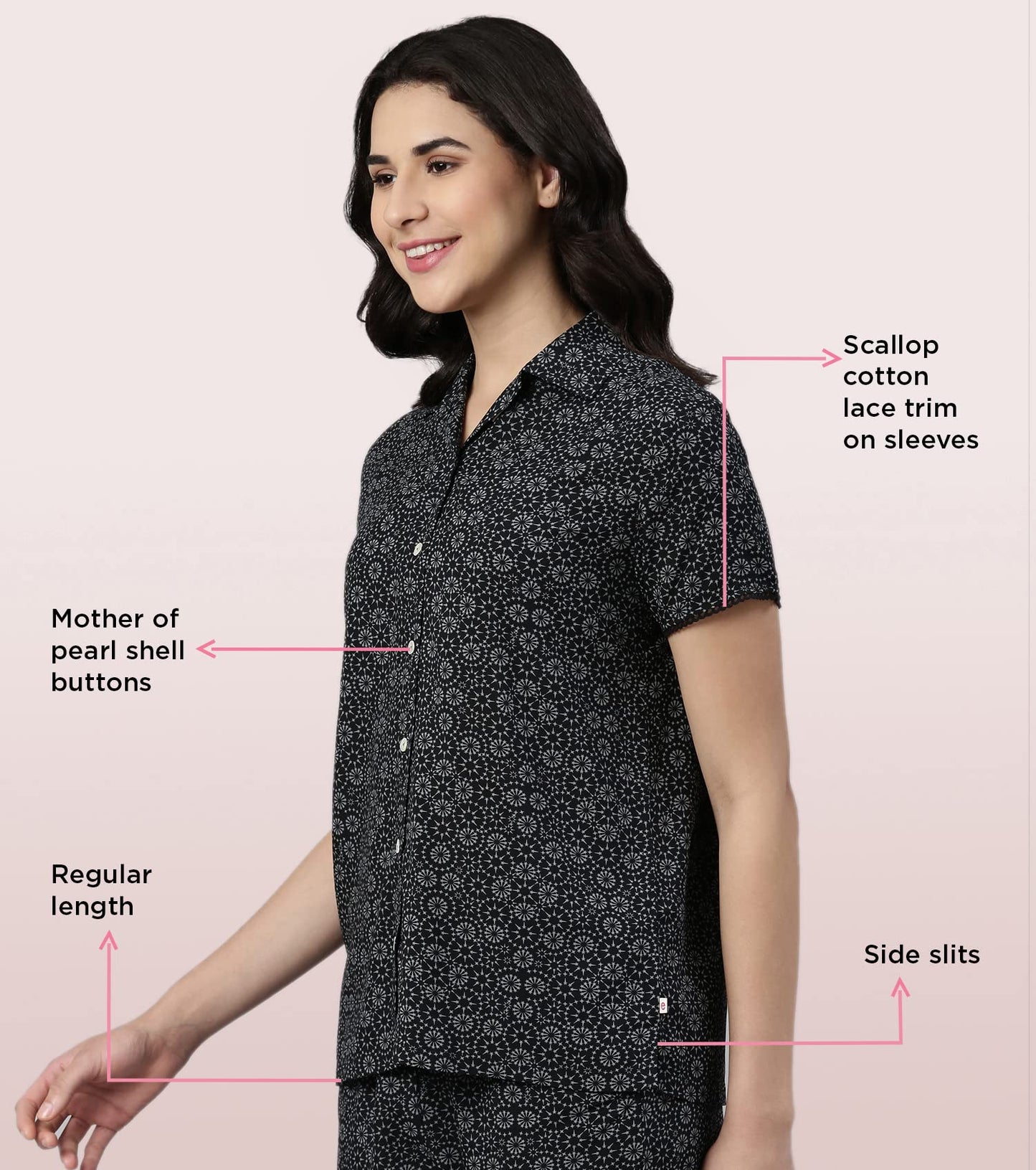 Enamor EC13 Printed Slounge Shirt and Shorts Set for Women with Scallop Lace Trim