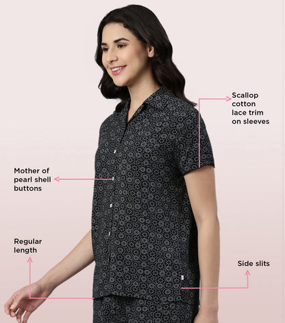Enamor EC13 Printed Slounge Shirt and Shorts Set for Women with Scallop Lace Trim