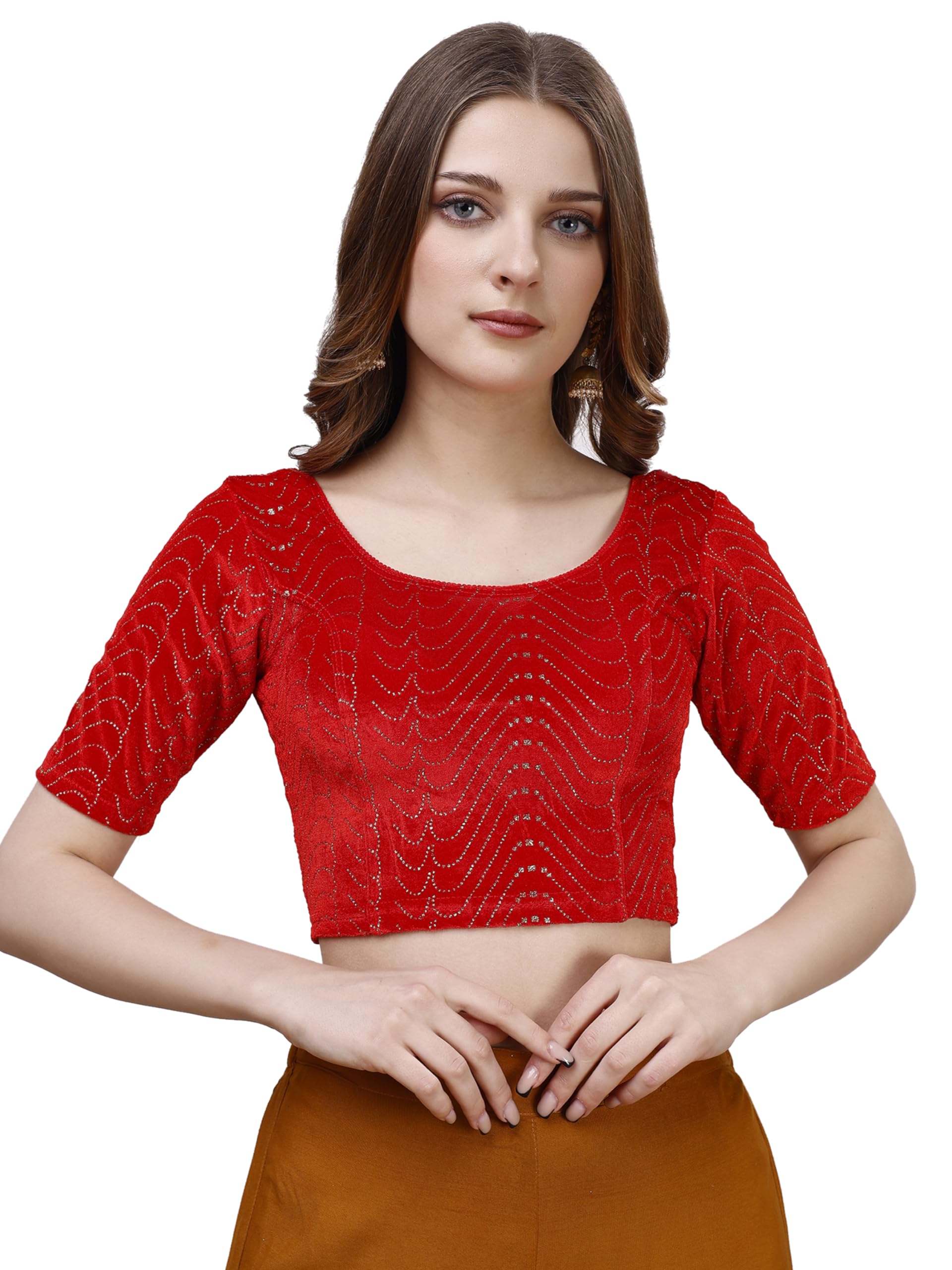Pujia Mills WomenS Readymade Hosiery Velvet Lycra Stretchable Round Neck Half Sleeve Blouse With Jari Work Fancy Red Color Lycr