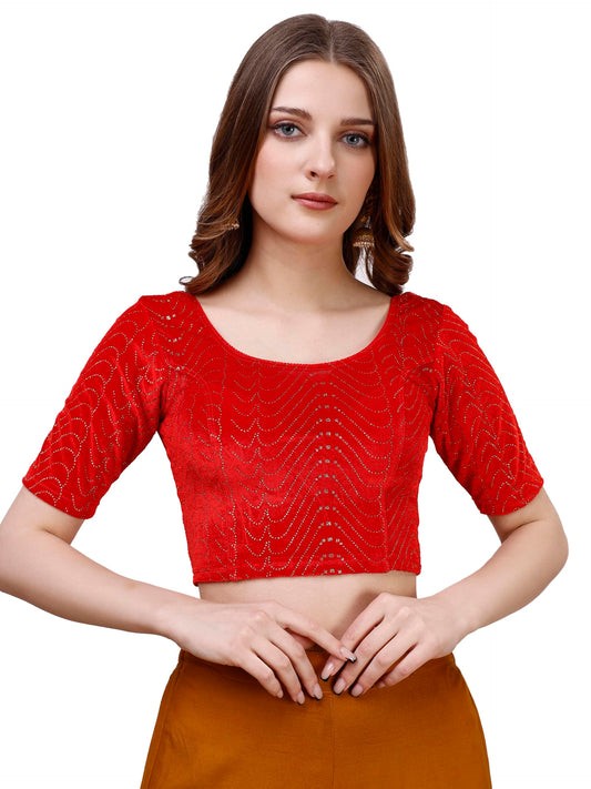 Vihu Fashion WomenS Readymade Hosiery Velvet Lycra Stretchable Round Neck Half Sleeve Blouse With Jari Work Fancy Red Color Lyc