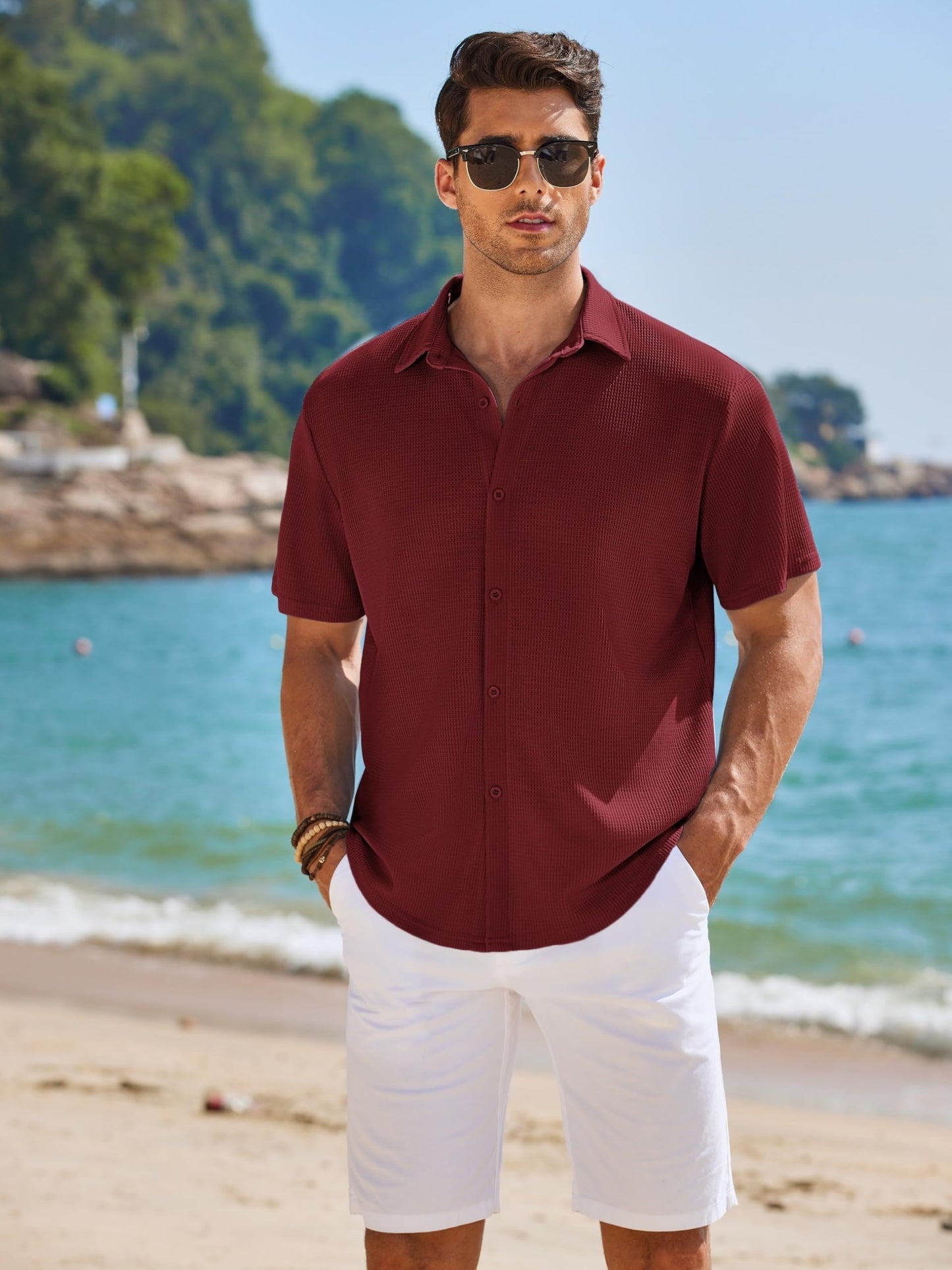 CB-COLEBROOK Mens Waffle Knit Textured Button-Down Wrinkle Free Casual Shirts, Short Sleeves, Summer Beach Tops (in, Alpha, XL,