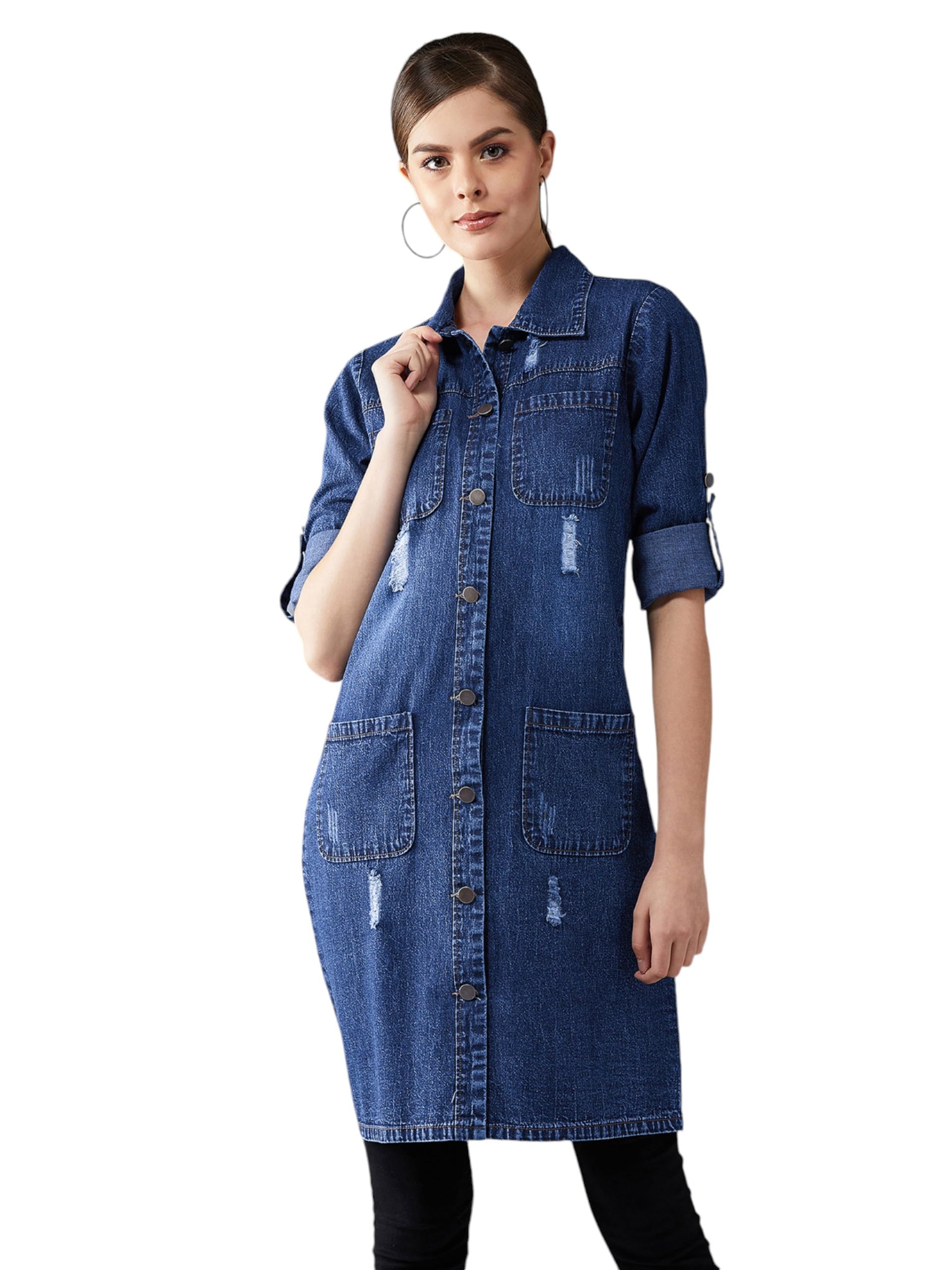 Dolce Crudo Womens Polo Neck Full Sleeves Patch Pocket Denim Overcoat Knee-Length Jacket (DOAW23DEN98-17-397-02, Indigo Blue, X
