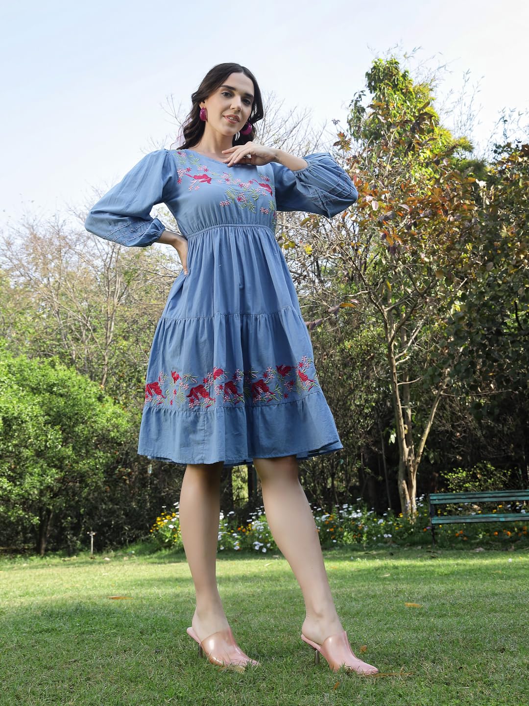 Stylum Womens Solid & Embroidered Cotton Tiered Dress