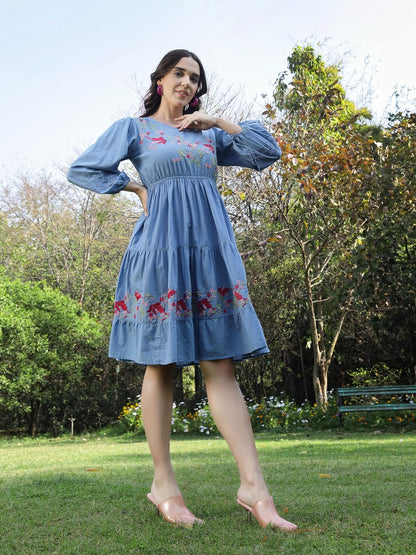 Stylum Womens Solid & Embroidered Cotton Tiered Dress