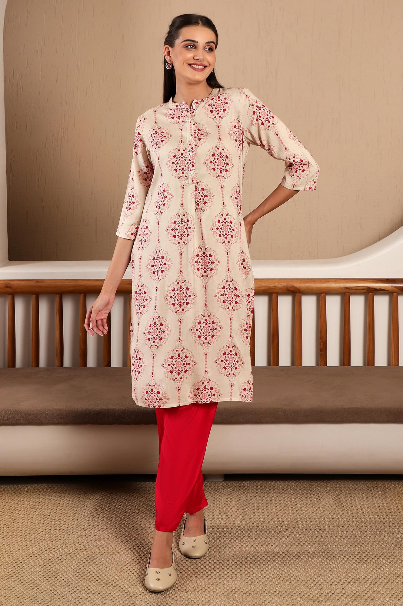 W Beige Floral Printed Regular Kurta for Women