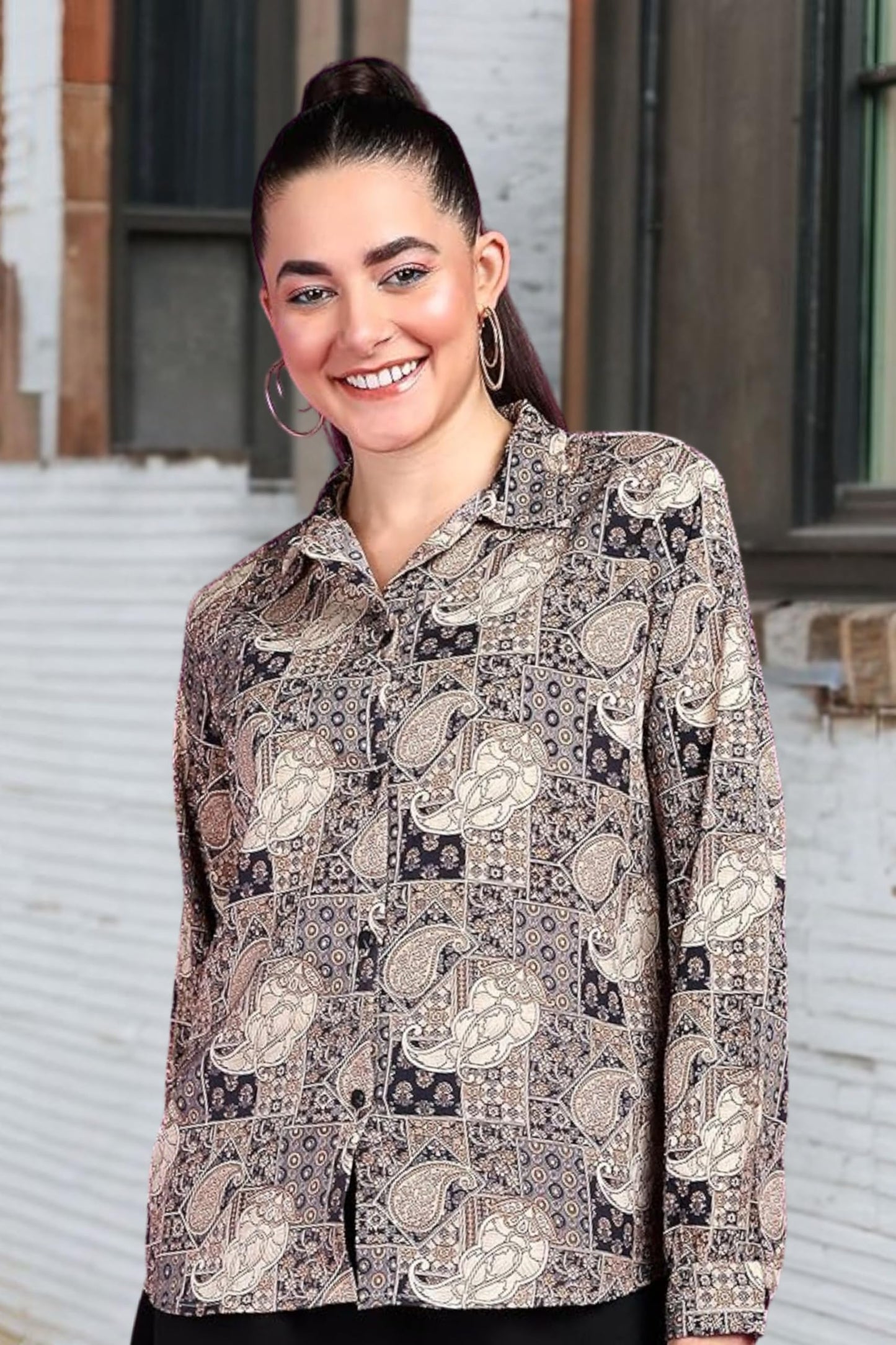 POPWINGS Printed Full-Sleeves Regular-Fit Polyester Printed Shirt for Women Stylish Western Casual Wear
