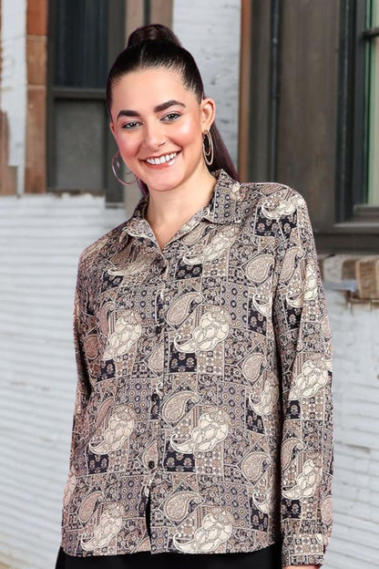 POPWINGS Printed Full-Sleeves Regular-Fit Polyester Printed Shirt for Women Stylish Western Casual Wear