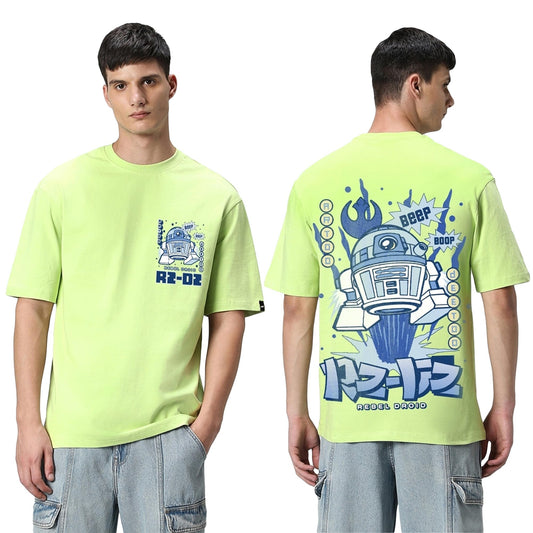 Bewakoof Official Star Wars Merchandise Mens Graphic Printed Oversized Fit Half Sleeve Round Neck Cotton T-Shirt_634223_Green_L