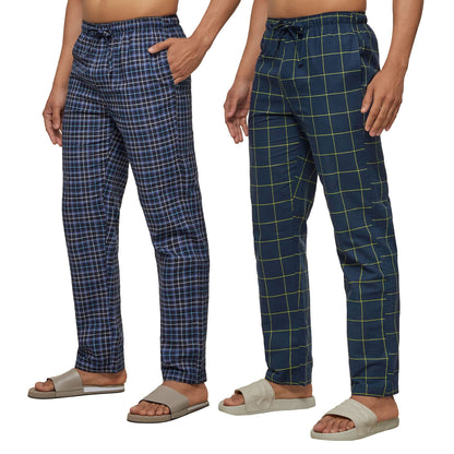 XYXX Mens Super Combed Cotton Checkered Checkmate Pyjamas [Pack of 2] Elasticated Waist, Drawstring | Loungewear for Men in Blu