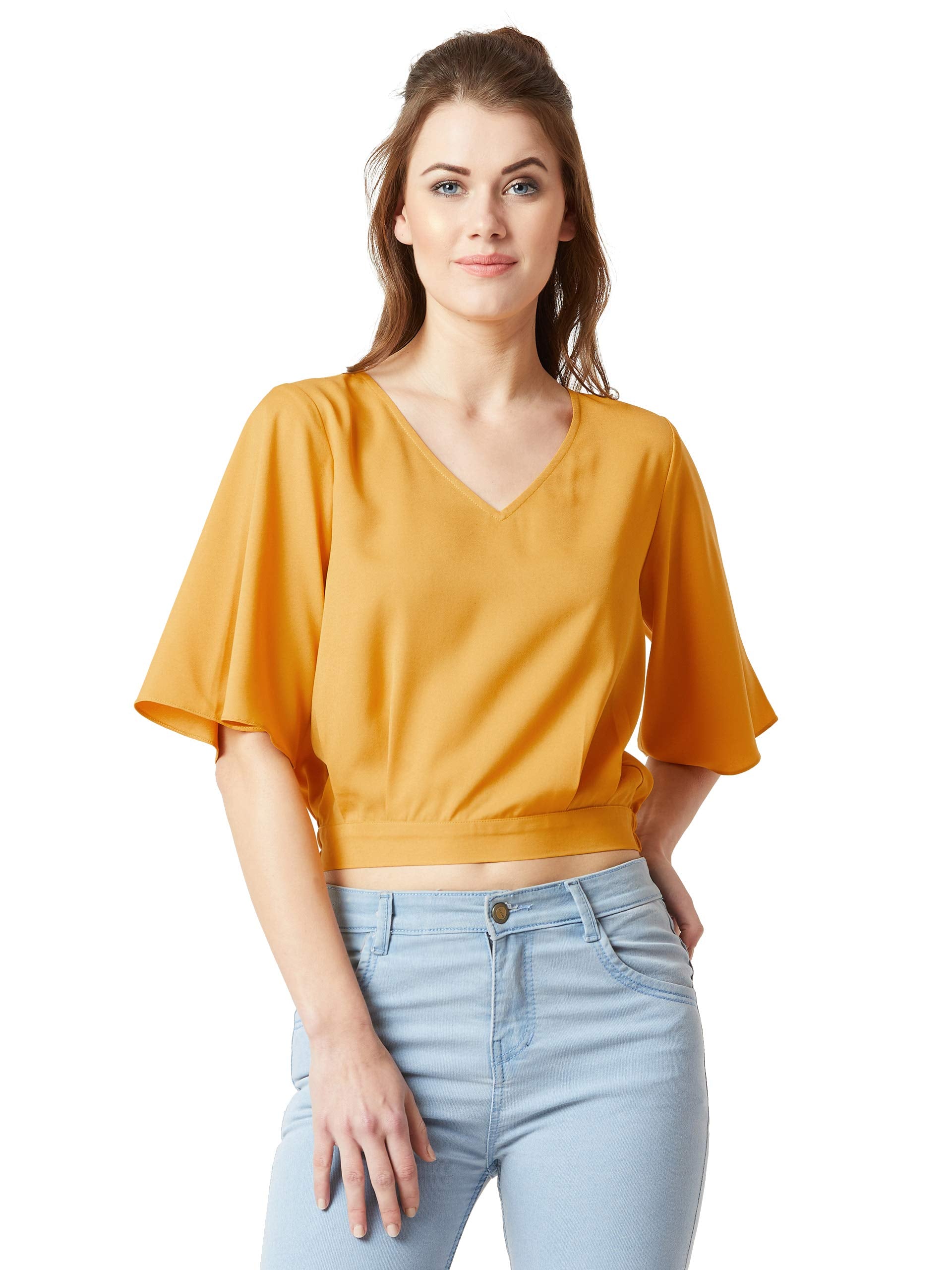 Miss Chase Womens Mustard Yellow V-Neck Crop Top (MCSS19TP12-21-183-05, Yellow, Large)
