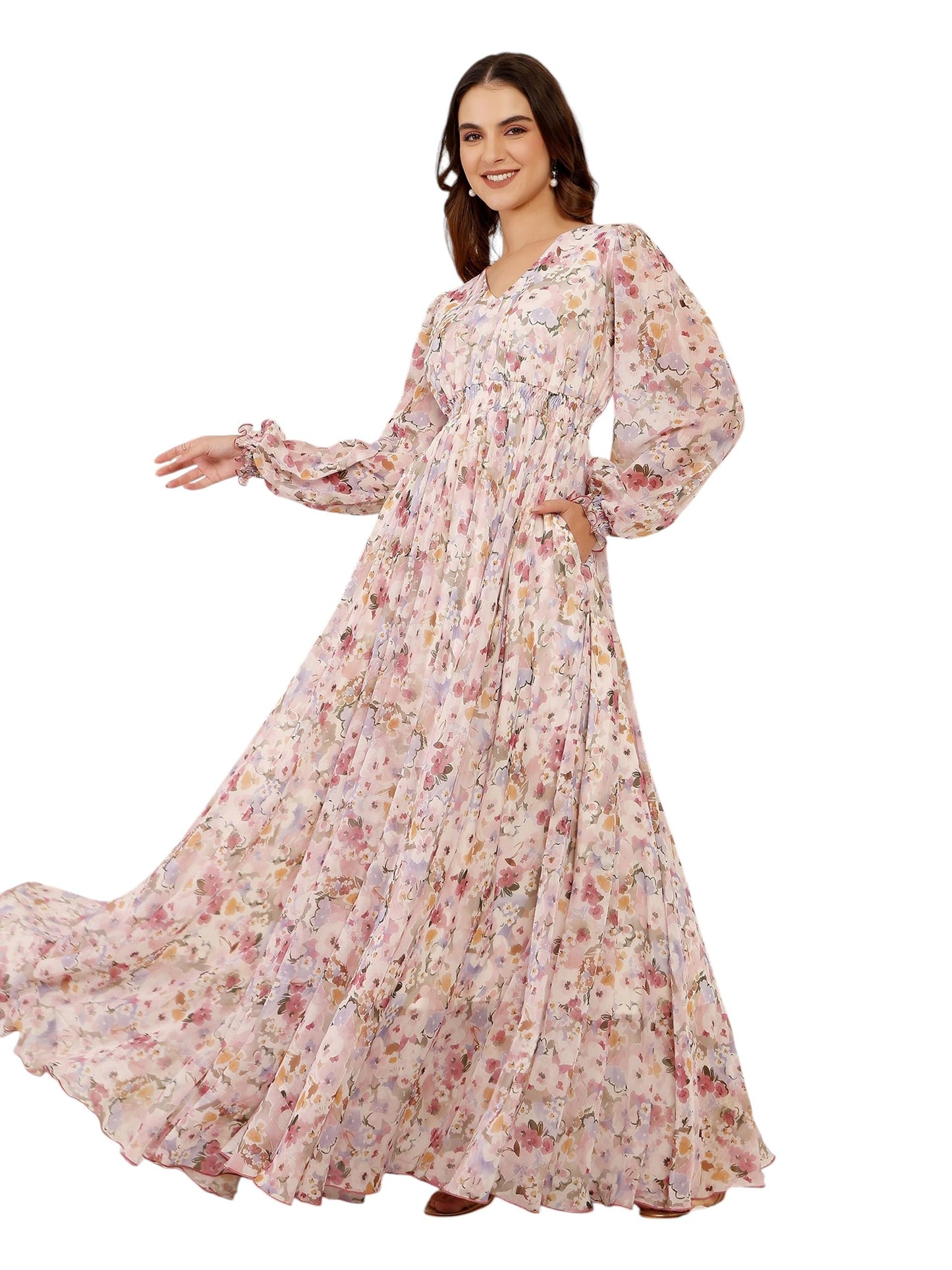 Miss Chase Womens V-Neck Smocked Bishop Sleeve Floral Gathered Chiffon Maxi Dress (MCSS23D06-65-177-07, Multicolored Base Pink, 