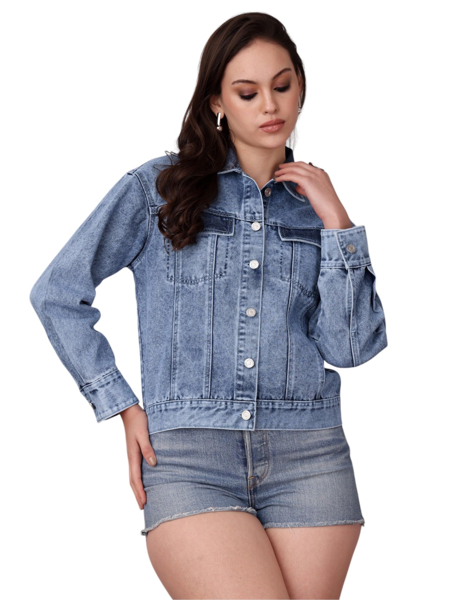 Miss Chase Womens Collared Full Sleeve Solid Classic Denim Jacket (MCAW24DEN05-93-158-03, Light Blue, S)