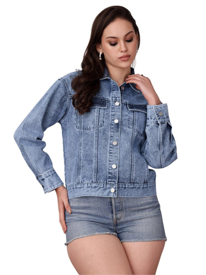 Miss Chase Womens Collared Full Sleeve Solid Classic Denim Jacket (MCAW24DEN05-93-158-03, Light Blue, S)