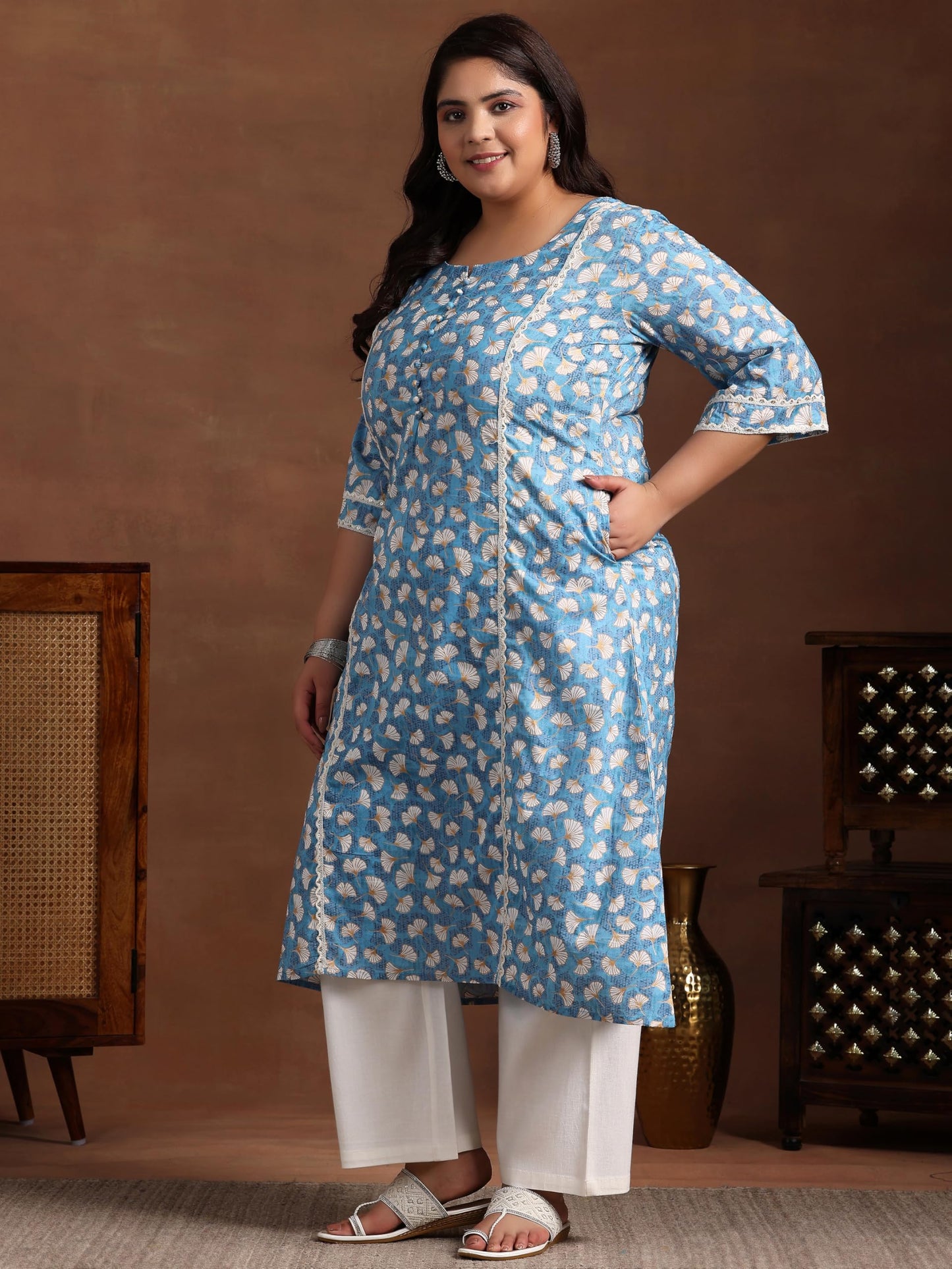 Extra Love By Libas Women'S Cotton Printed A-Line Kurta (25455_Blue)