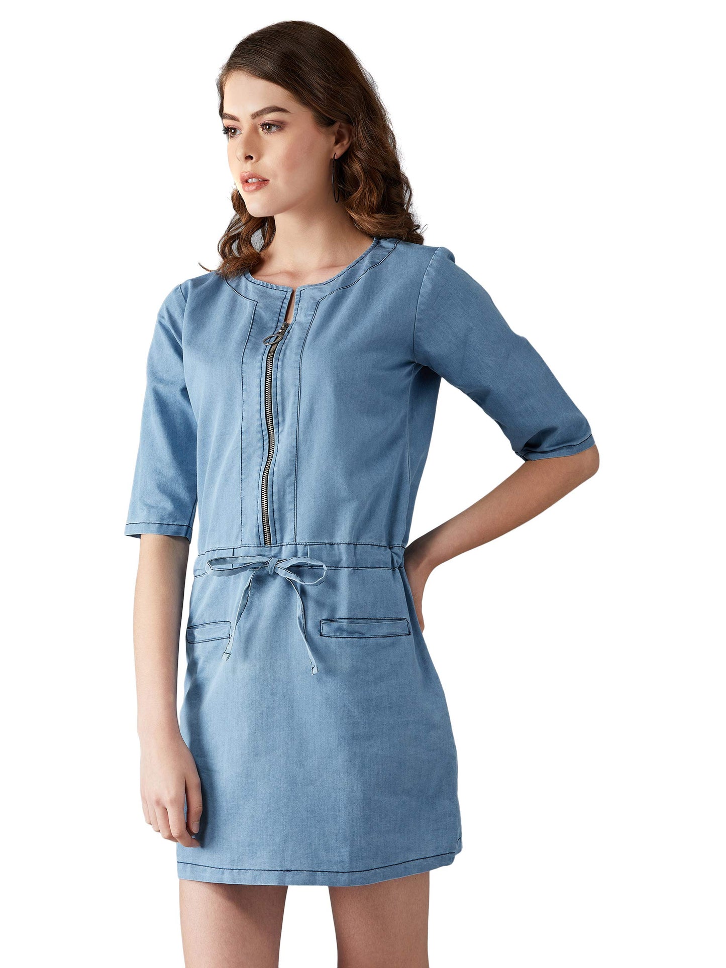 Dolce Crudo Women'S Light Blue Denim Solid Midi Shift Dress(Doaw18Den04-29-158)