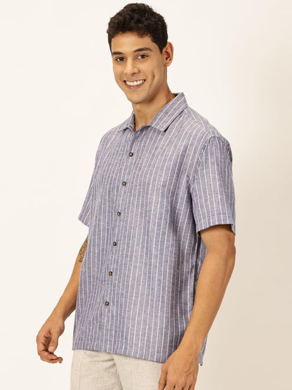 Thomas Scott Premium Linen Blend Half Sleeves Spread Collar Striped Casual Shirt for Mens Navy Blue