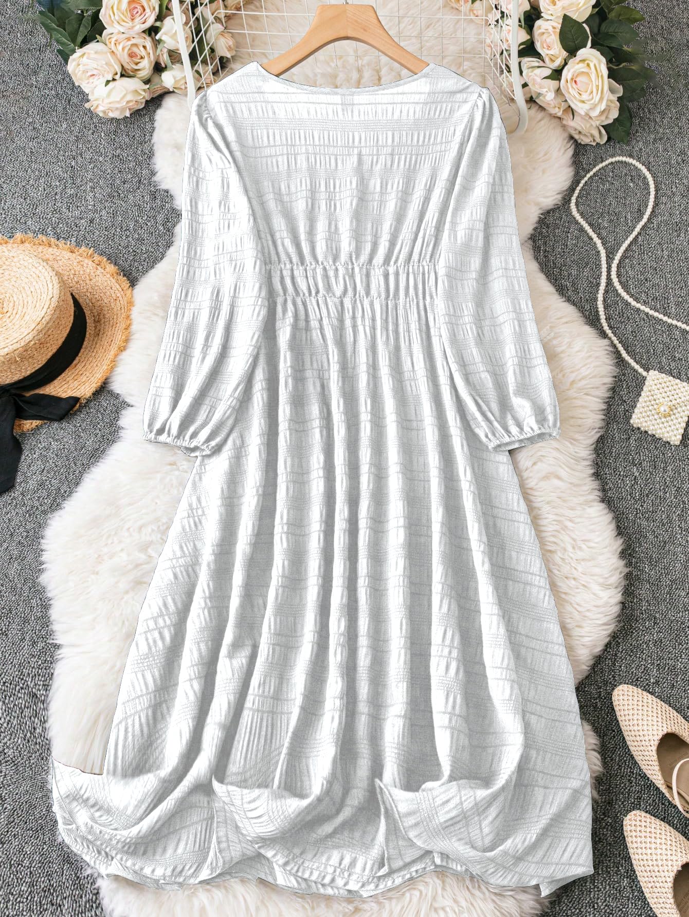 Shasmi Womens & Girls White Dress For Women Midi, One Piece Dress For Womens Casual Dress, Solid Textured Lantern Sleeve Tie Fro