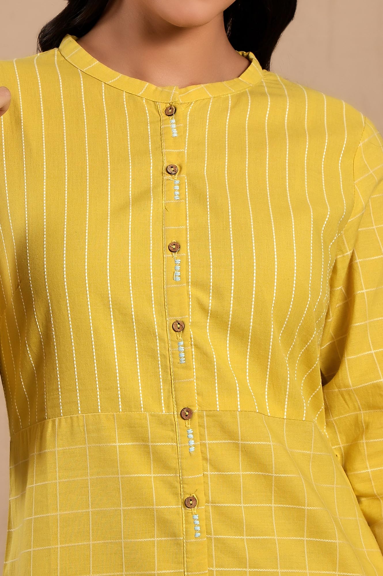 W Yellow Cotton Checked Straight-Long Kurta for Women