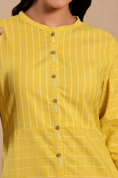 W Yellow Cotton Checked Straight-Long Kurta for Women