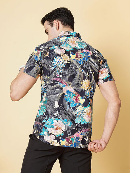 The Indian Garage Co Blue Regular Fit Spread Collar Floral Print Short Sleeves Shirt