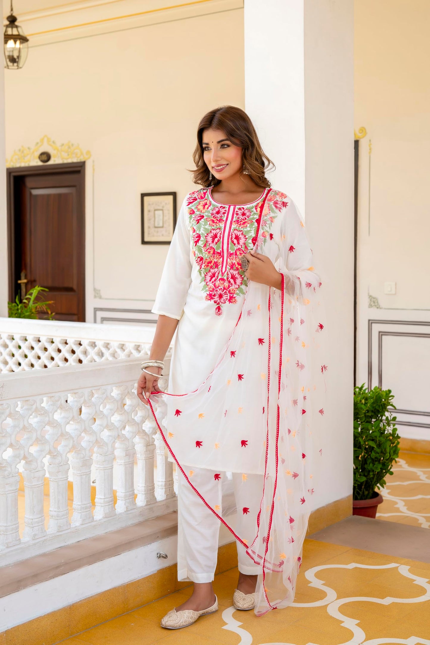 Yashika Women's Cotton Blend Embroidered Set: This Elegant Ensemble For Special & Casual Wear, Includes A Straight Kurta Pant With Dupatta Set