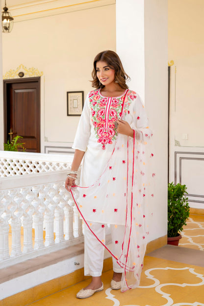 Yashika Women's Cotton Blend Embroidered Set: This Elegant Ensemble For Special & Casual Wear, Includes A Straight Kurta Pant With Dupatta Set