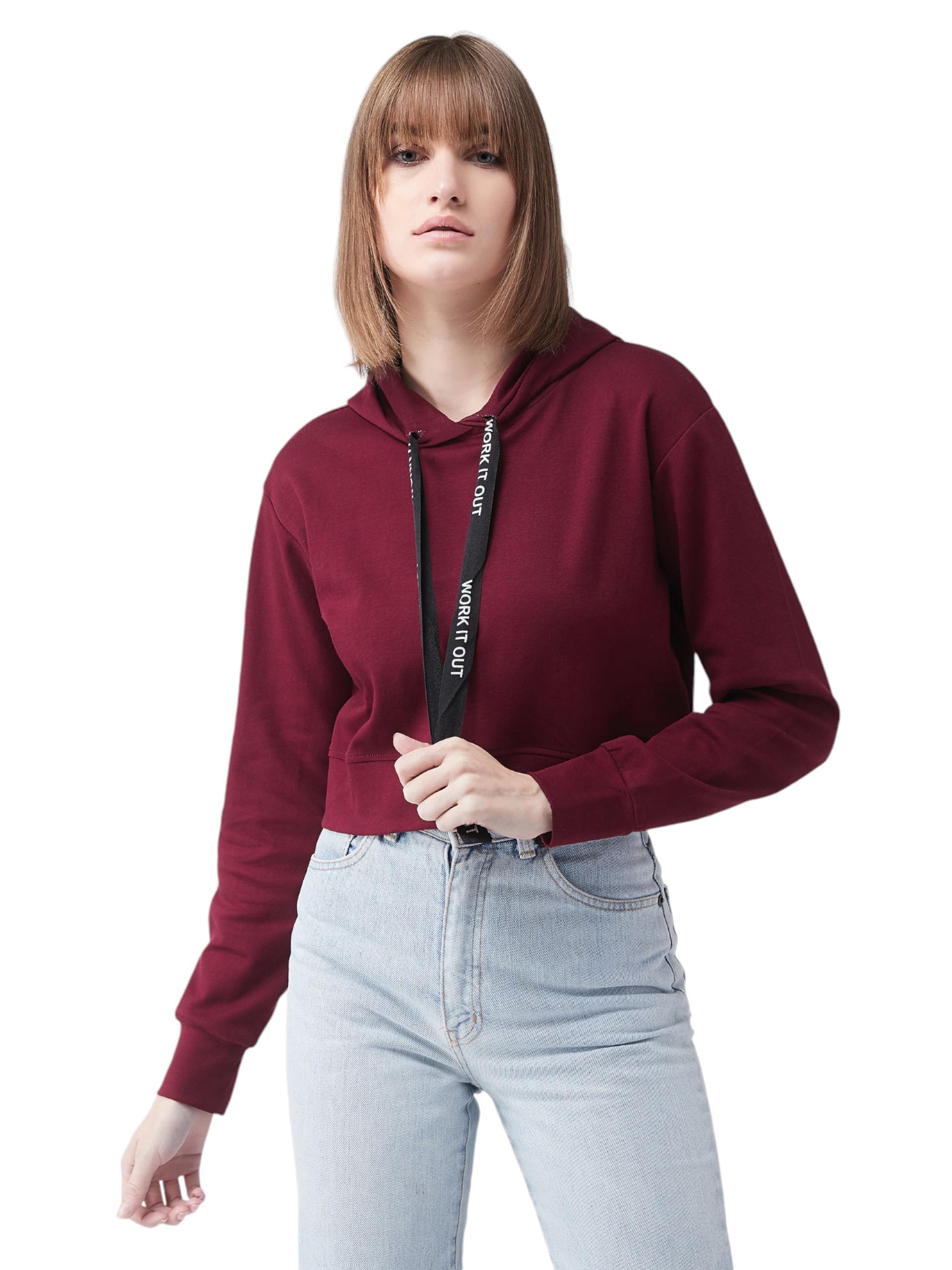Miss Chase Womens Solid Round Neck Full Sleeve Crop Pullover Sweatshirt (MCAW24JKT03-65-143-05, Maroon, L)
