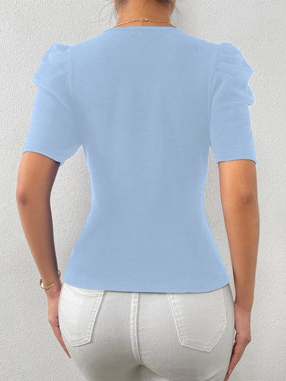 Shasmi Womens & Girls Sky Blue Short Puff Sleeve, V-Neck, Ruched Bust Solid Tops for Women/Tops, T-Shirts for Girls (TOP 61 Sk