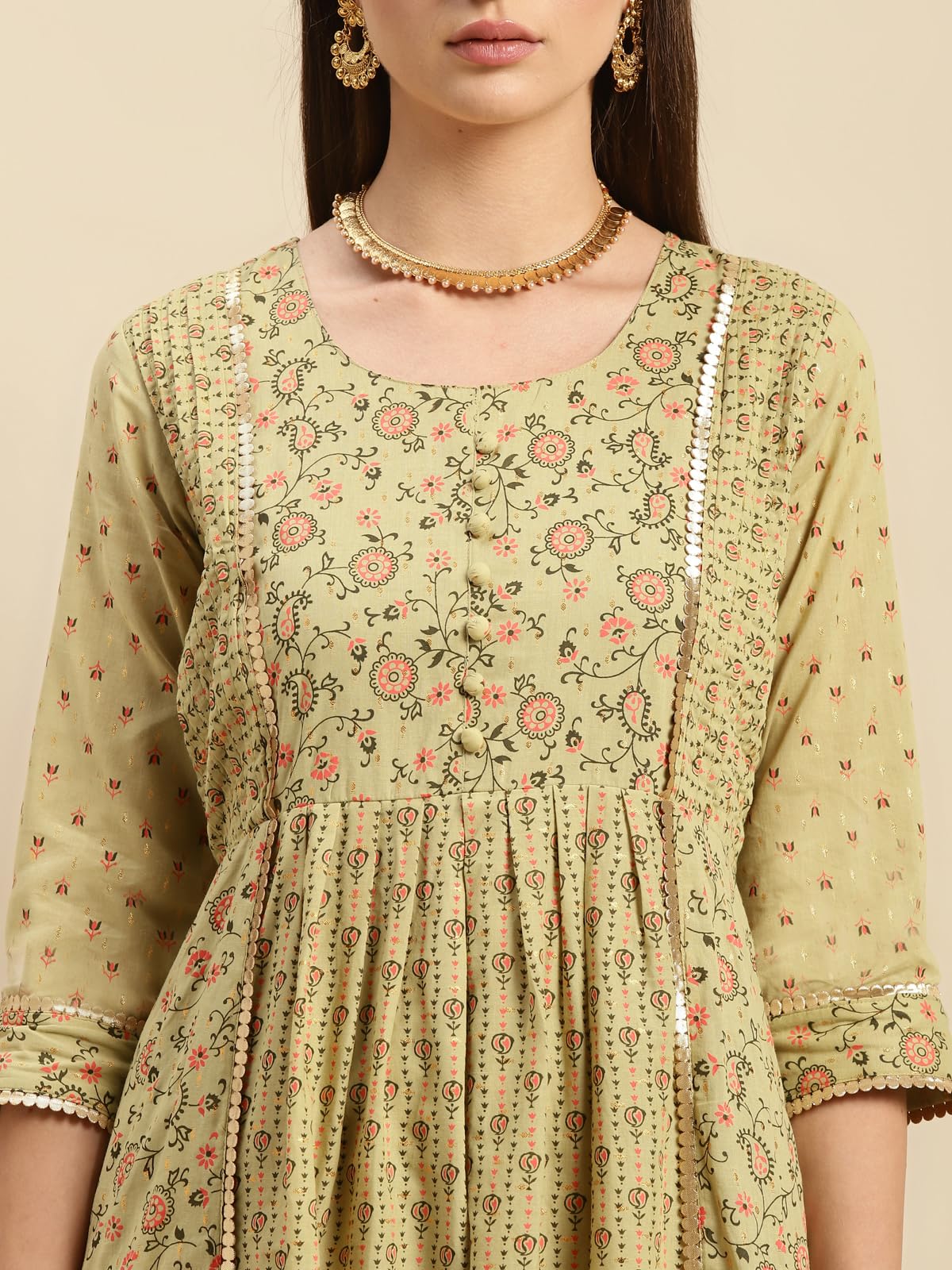 rangita Green Cotton Calf Length Embroidered Anarkali Kurti for Women | Kurta for Women