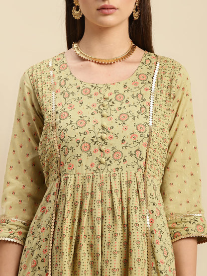 rangita Green Cotton Calf Length Embroidered Anarkali Kurti for Women | Kurta for Women