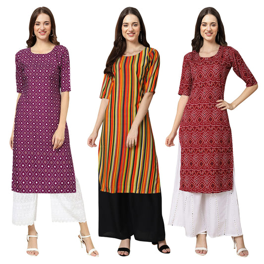 Pinkmint Women's Crepe Digital Print Straight Kurta(Pack of 3)[QB-354-356-357]