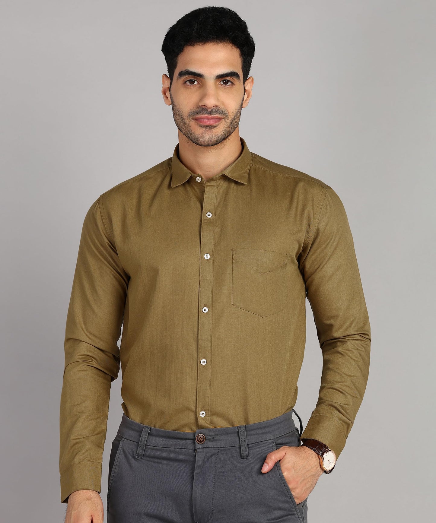 Mildin MenS Cotton Blend Solid Shirt With Spread Collared Full Sleeve Curved Hemline Button Closure Slim Fit And One Pocket | S