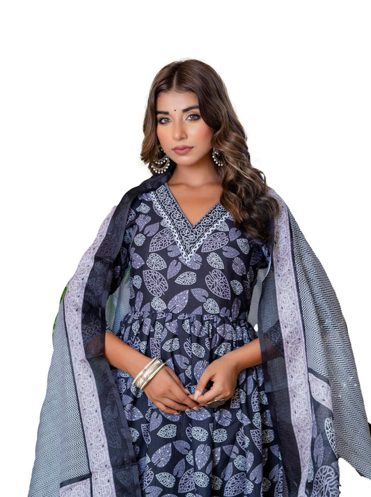 Yashika Women Printed Cotton Blend Lace A-Line Kurta Pant Dupatta Set - Ethnic Elegance for Every Occasion! Experience Comfort and Style with This Stunning Ensemble