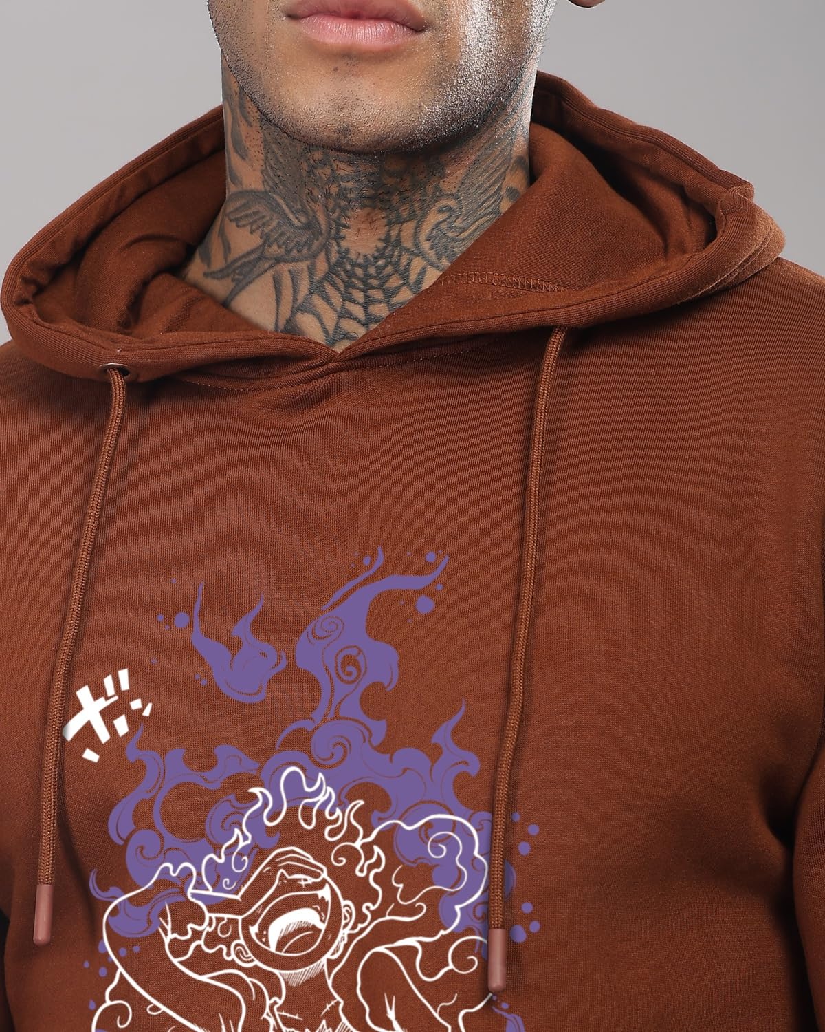 ADRO Men's Cotton Neck Hooded Sweatshirt (H24-LUFFY-BR_Downtown Brown
