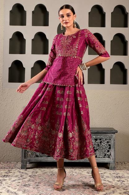 W For Woman Purple Floral Printed Synthetic Layered Dress With Foil Sequins