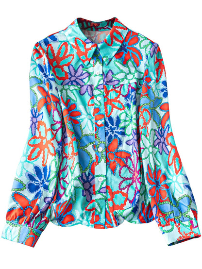 Shasmi Girls & Womens Solid Sea Green Colorful Casual Fit Lapel Cardigan Shirt Colorful Flower Printed Long Sleeve Shawl Colla