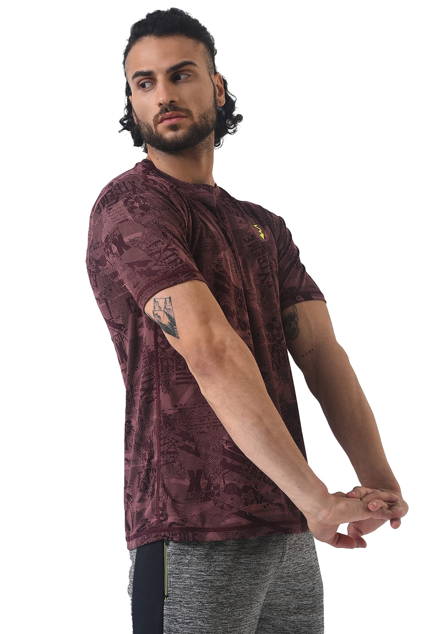 Campus Sutra Mens Maroon Dri-Fit Graphic Printed Half Sleeve Activewear T-Shirt Regular Fit for Casual Wear | Modern Clothing T