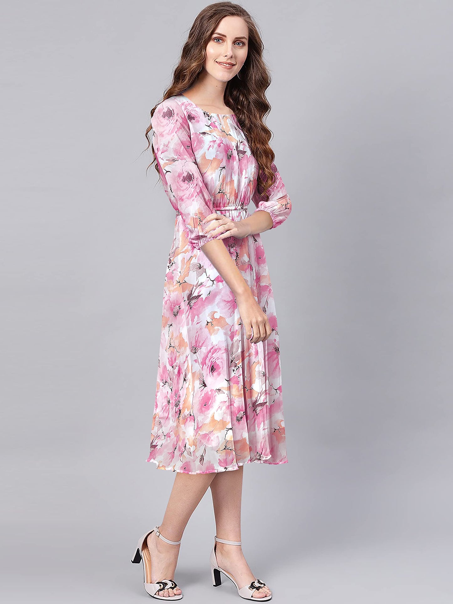 Toochki WomenS Pink Georgette Floral Fit & Flared Western Dress | Dress For Women | A Line Dress | Winter Dress | Western Dress