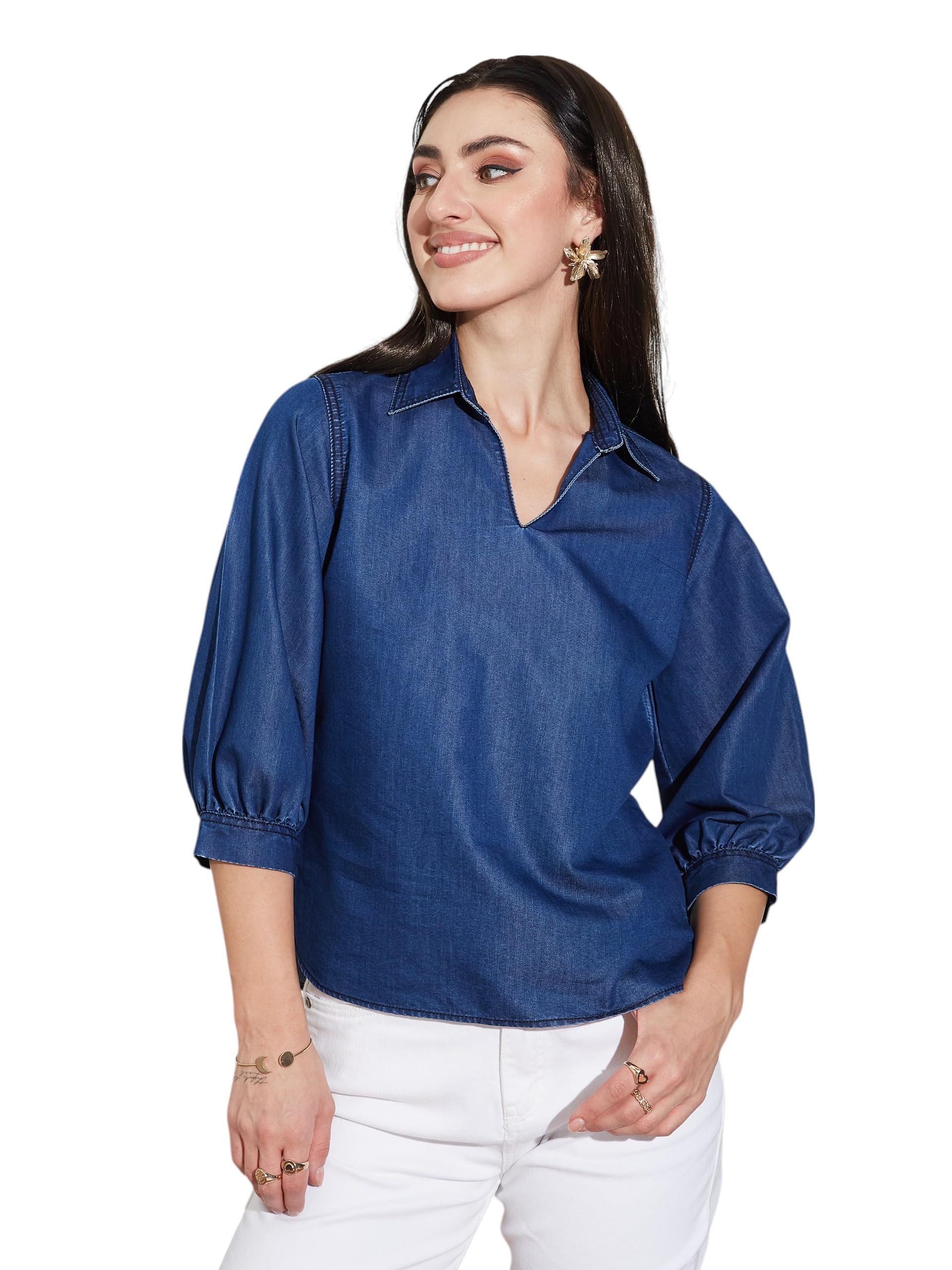 Miss Chase Womens Collar-Neck Puff-Sleeve Light Weight Denim Tunic Top (MCSS25DEN03-38-57-06, Dark Blue, XL)