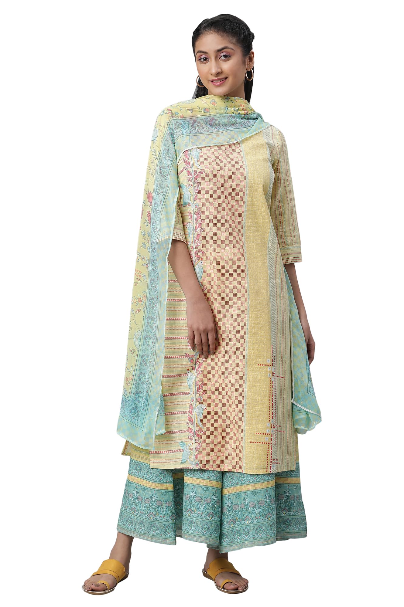 Aurelia Yellow Printed Kurta, Culottes & Dupatta Set (Size: Xl)-23Feas14261-503695