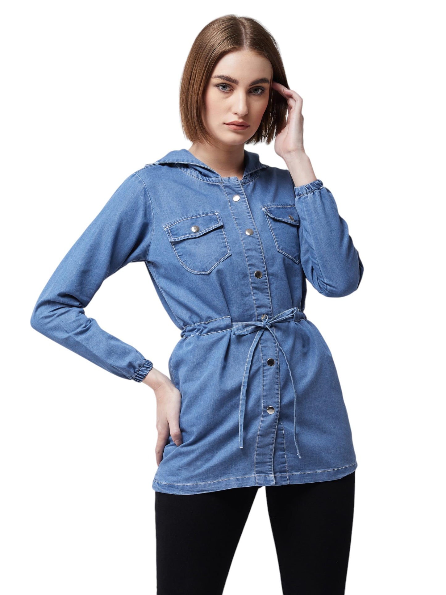 Miss Chase Womens Round Neck Full Sleeve hoody with tie-up Long Denim Jacket (MCAW24DEN90-33-158-06, Light Blue, XL)
