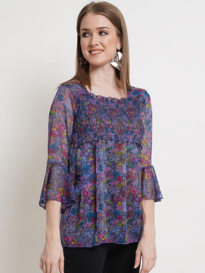POPWINGS Printed Chiffon Peplum Tops for Women || 3/4th Sleeves Square Neck Women Tops for Summer || Stylish Western Smocking Wo